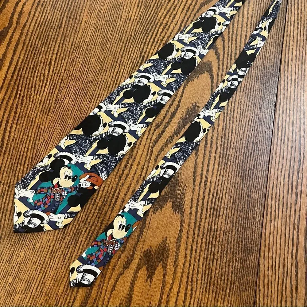 Vintage 90s Disney Mickey Mouse Showtime Silk Novelty Tie Plaid Statement EUC